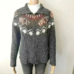 Vintage Wool Blend Boho/Bohemian Relaxed Fit Zip Up Grey Cardigan Sweater